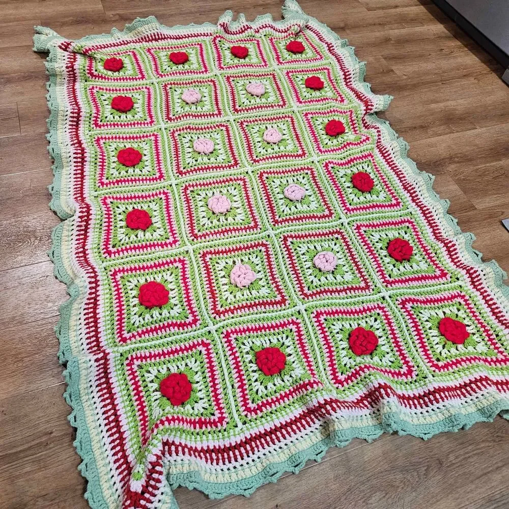 Handmade Crochet Rose Granny Square Throw Blanket Afghan Pink Red Green 30x60